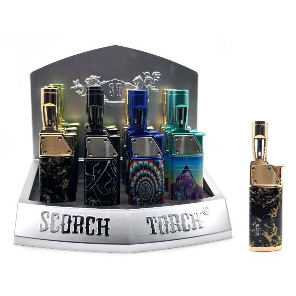 SCORCH TORCH LIGHTER ADJUSTABLE ANGLE TURBO TORCH ASSORTED DESIGNS 12CT