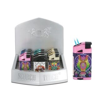 SCORCH TORCH LIGHTER ANGLED DOUBLE TORCH CLORFUL DESIGN 12CT