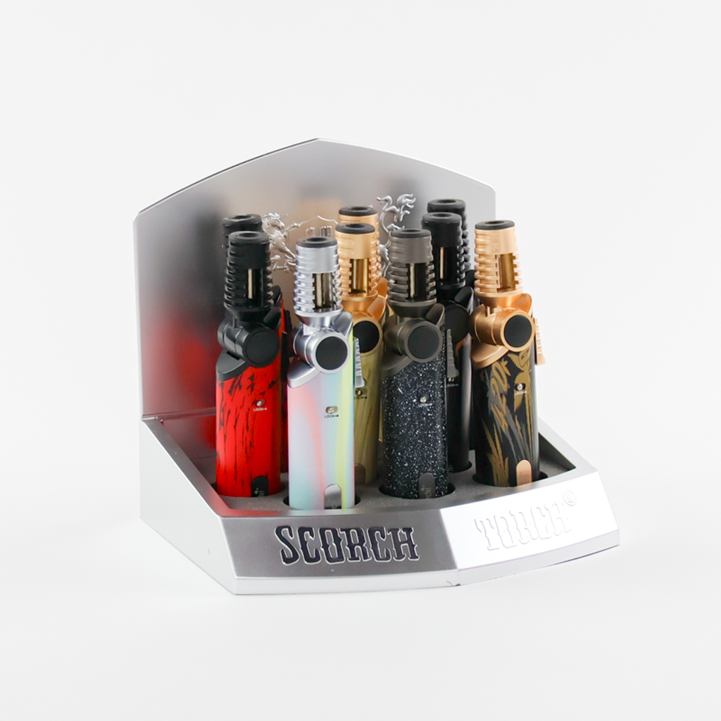 SCORCH TORCH LIGHTER POWERFUL SINGLE TORCH W/ADJUSTABLE ANGLE ASST 9CT