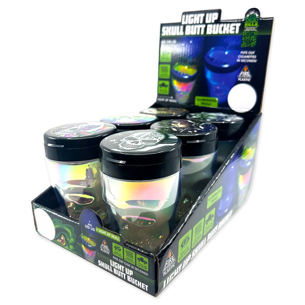 SMOKEZILLA PRINTED LID LIGHT-UP SKULL BUTT BUCKET ASHTRAY BOX OF 6