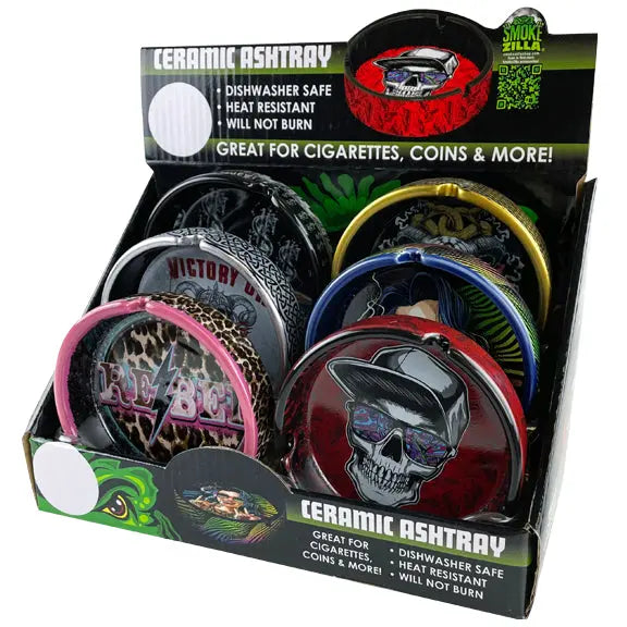 SMOKEZILLA ROUND CERAMIC ASHTRAY ASST COLORS BOX OF 6