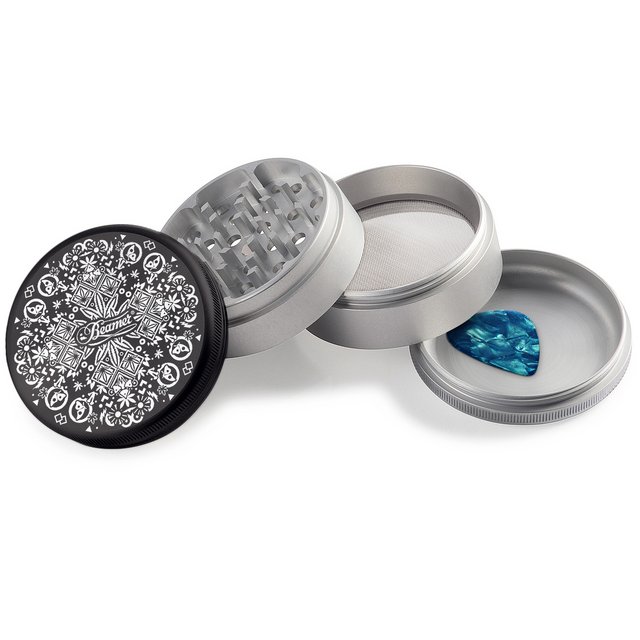 BEAMER ALUMINUM GRINDER 63MM 4 PARTS TRIPPY JEWELS DESIGN BLACK & SILVER
