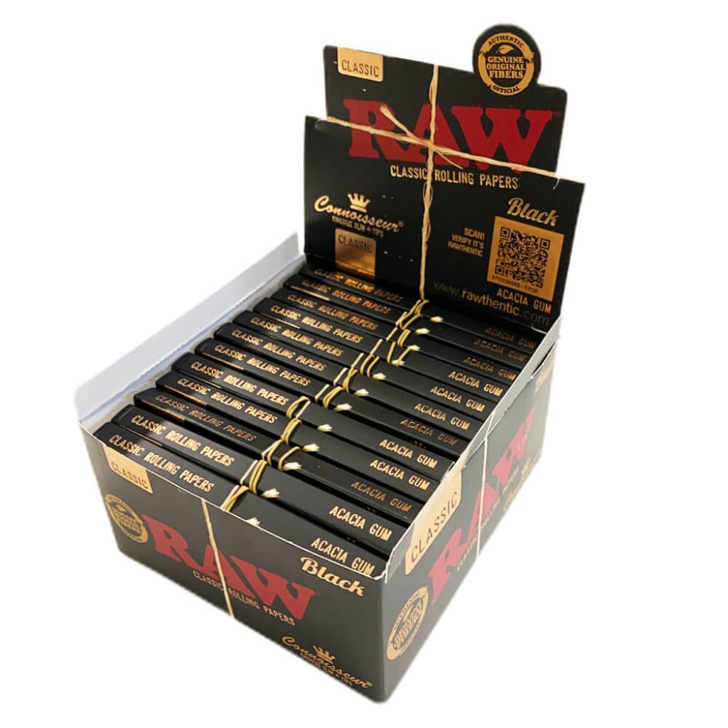 RAW KINGSIZE SLIM+TIPS CONNOISSEUR BLACK ROLLING PAPERS BOX OF 24