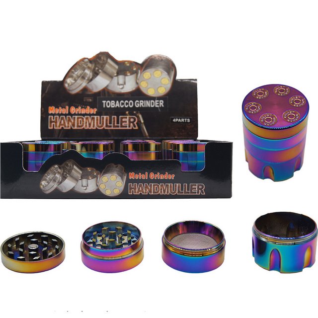TOBACCO GRINDER 4 PART REVOLVER GRINDER RAINBOW COLOR GR031-4RB BOX OF 12