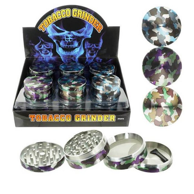 TOBACCO GRINDER 4 PARTS ALLOY CAMO PATTERN COATED DESIGN GR104-WCM BOX OF 12