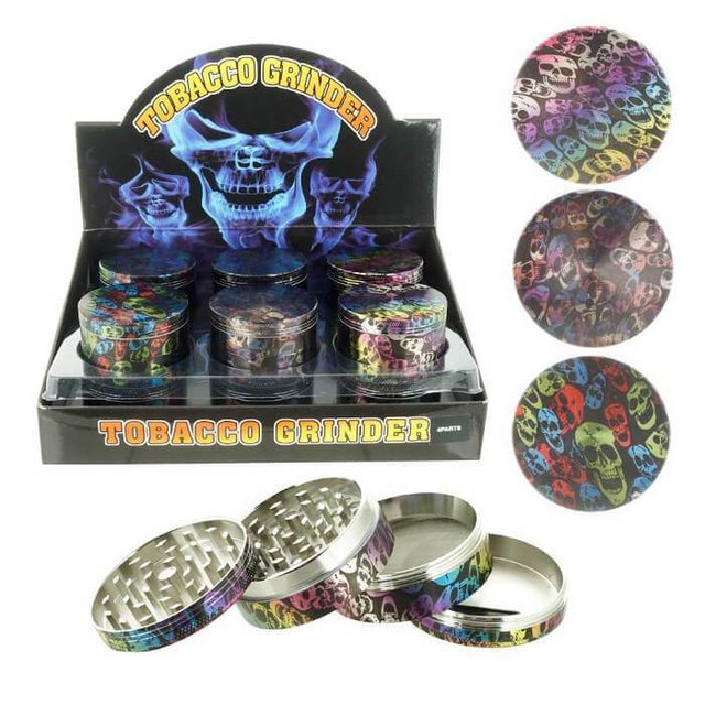 TOBACCO GRINDER 4 PARTS ALLOY SKULL PATTERN COATED DESIGN GR104-WSK BOX OF 12