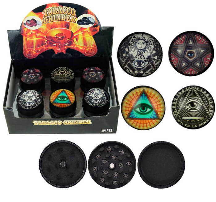 TOBACCO GRINDER CRYSTAL BALL EYE DESIGN 3 PARTS GR154-52EY BOX OF 12