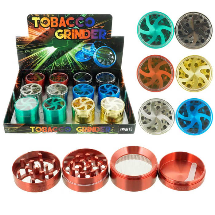 TOBACCO GRINDER MIX COLOR WITH CLEAR TOP 4 PARTS GR135-40 BOX OF 12